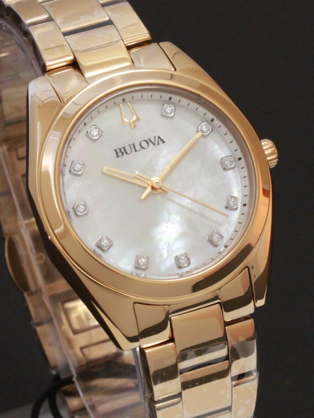Bulova Ladies Surveyor Quartz Watch Diamond Indices MOP Dial Gold Tone 31mm - Picture 5 of 12